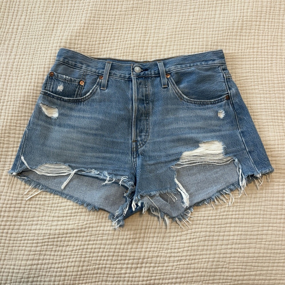 Levi's 501 Original Jean Shorts Womens Size 29 Light Wash Blue Distressed Button